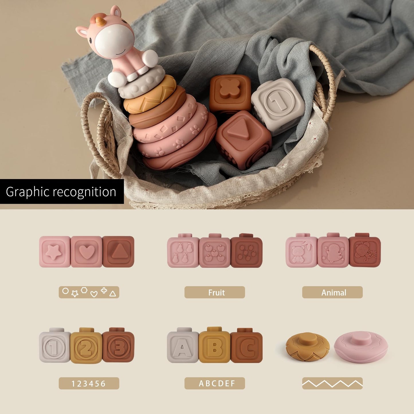 Nueplay Soft Stacking Toys for Baby Girls – 12-Piece Ring & Block Set with Unicorn Topper
