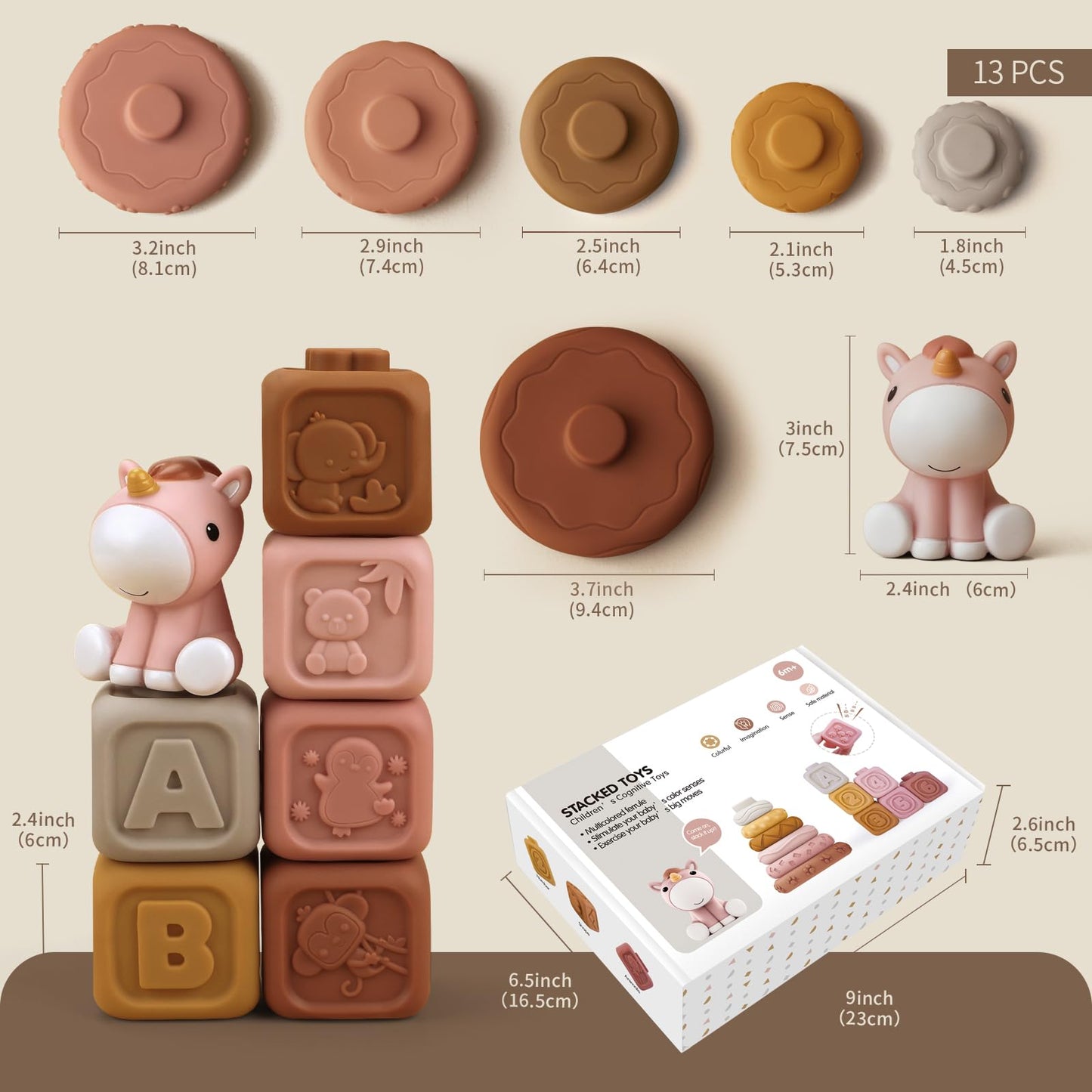 Nueplay Soft Stacking Toys for Baby Girls – 12-Piece Ring & Block Set with Unicorn Topper