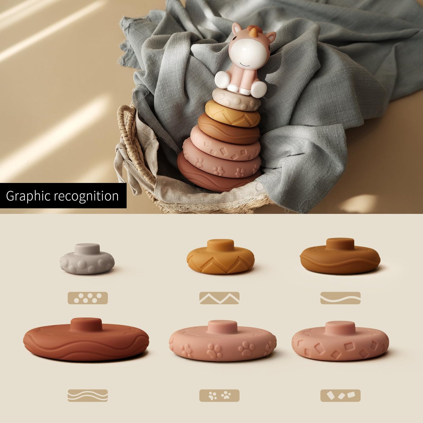 Nueplay Stacking Rings Toy for Baby Girls – 6 Textured Rings & Unicorn Topper