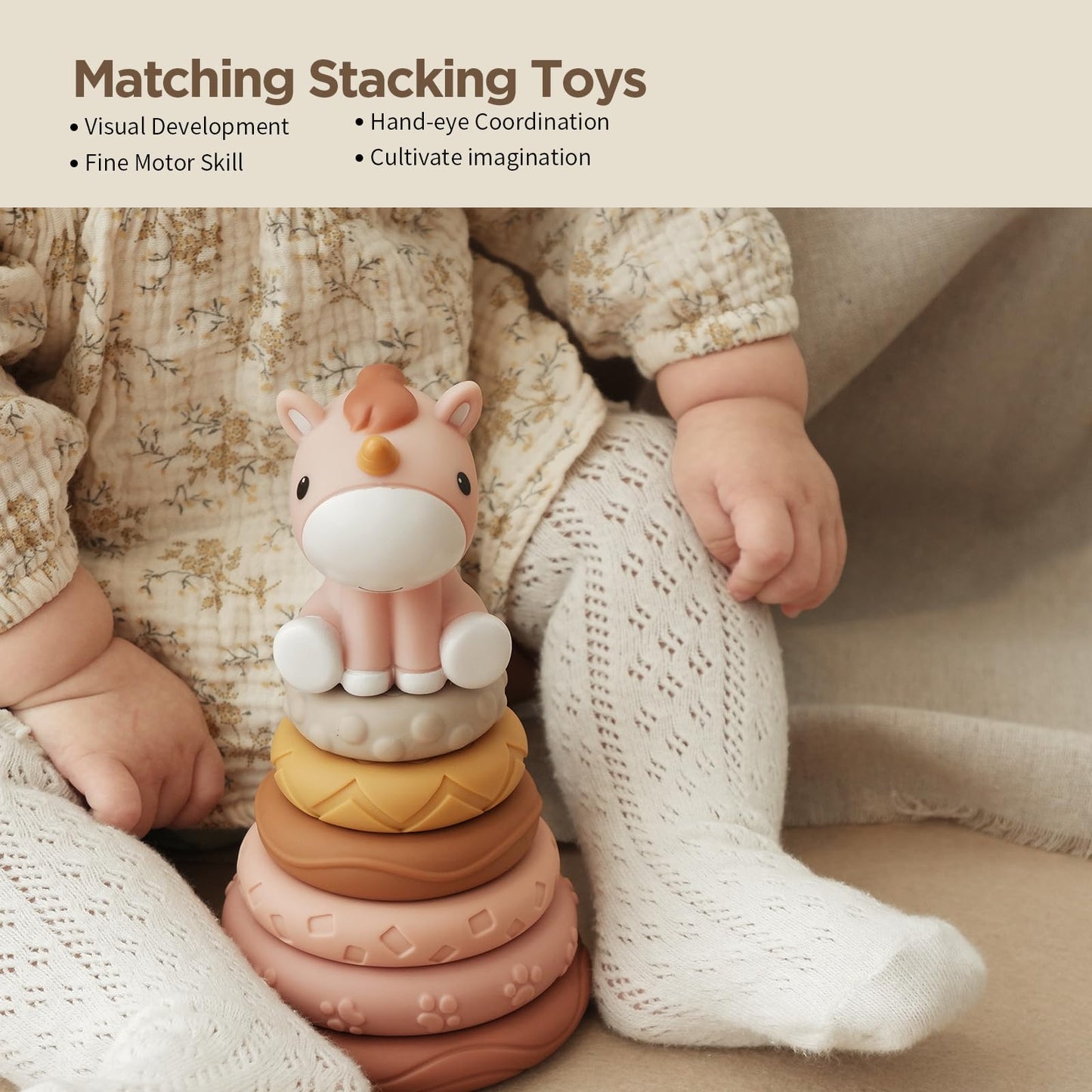 Nueplay Stacking Rings Toy for Baby Girls – 6 Textured Rings & Unicorn Topper