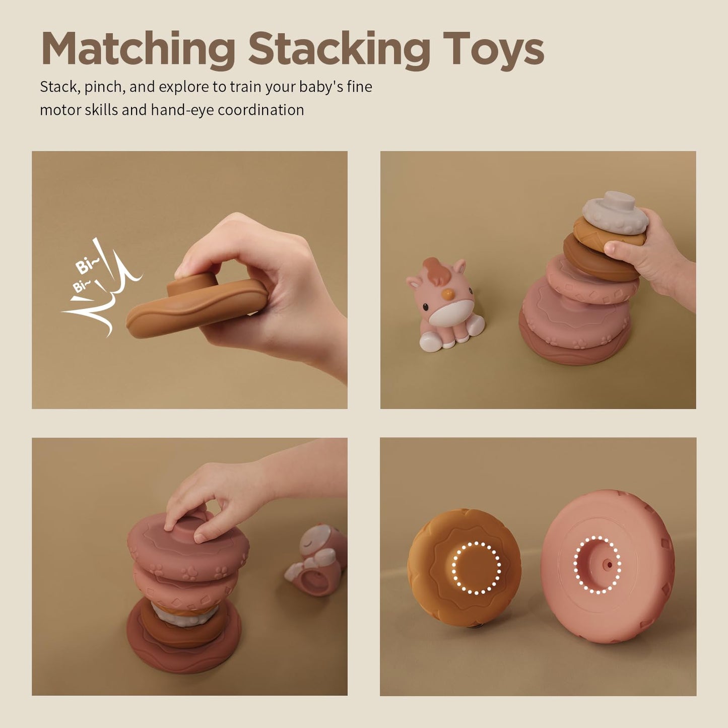 Nueplay Stacking Rings Toy for Baby Girls – 6 Textured Rings & Unicorn Topper