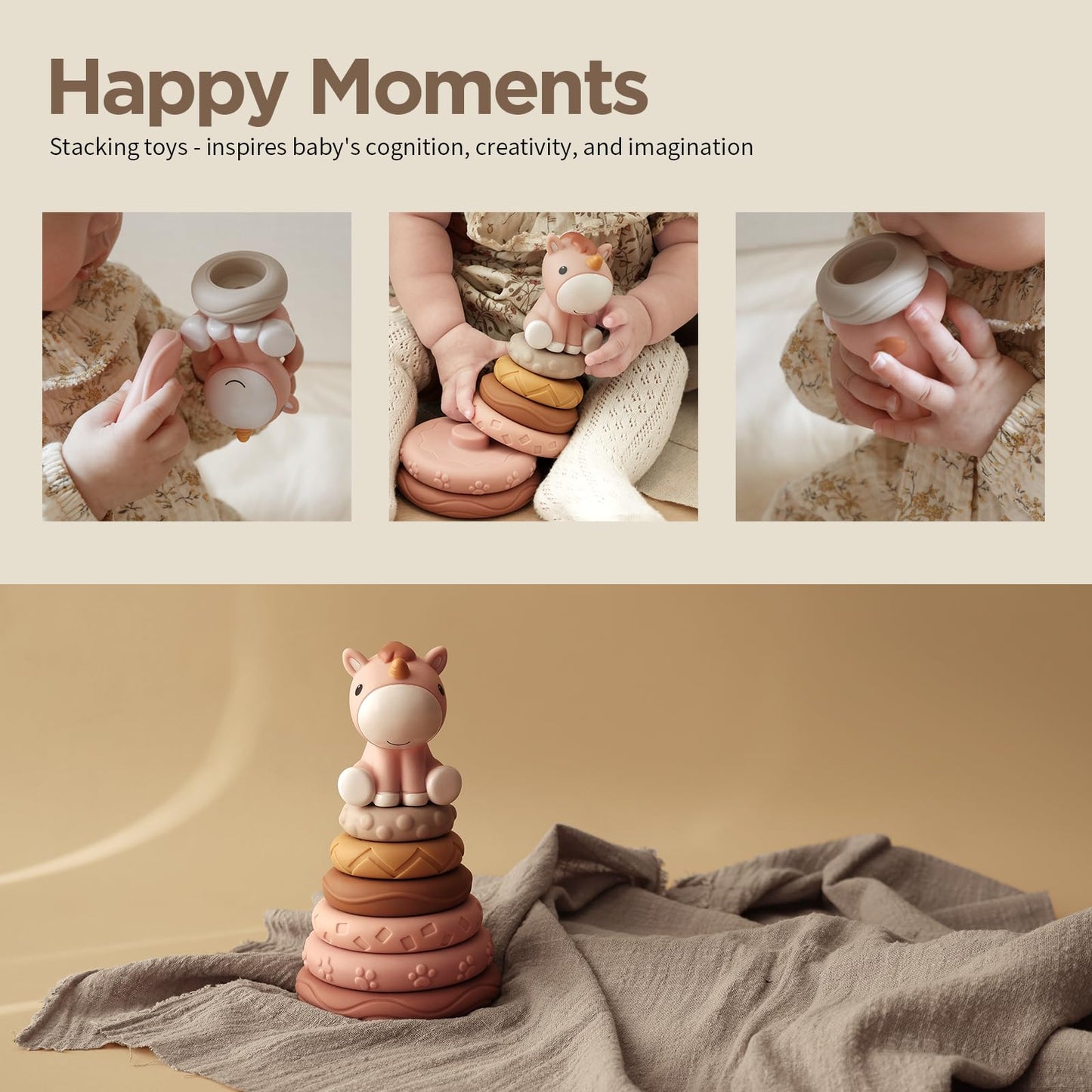Nueplay Stacking Rings Toy for Baby Girls – 6 Textured Rings & Unicorn Topper