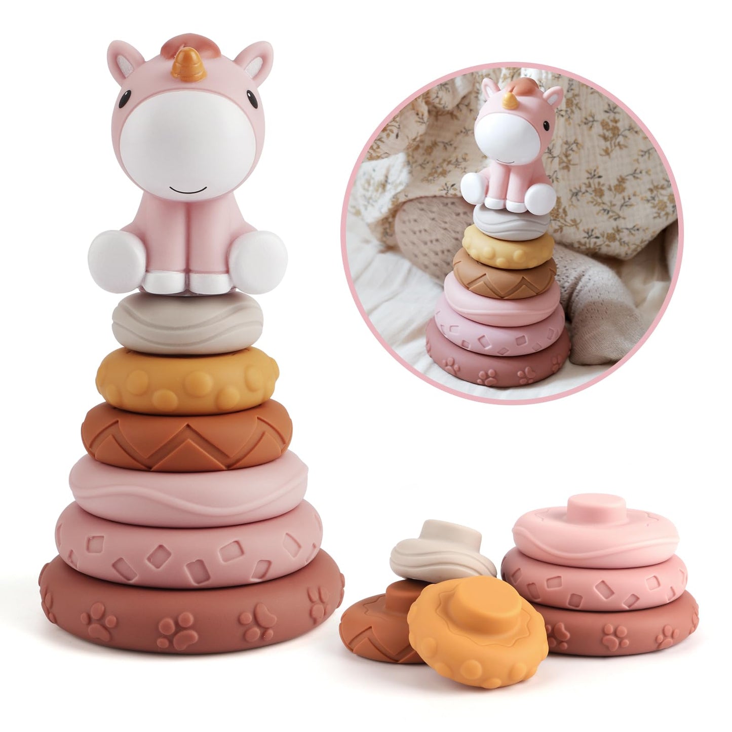 Nueplay Stacking Rings Toy for Baby Girls – 6 Textured Rings & Unicorn Topper