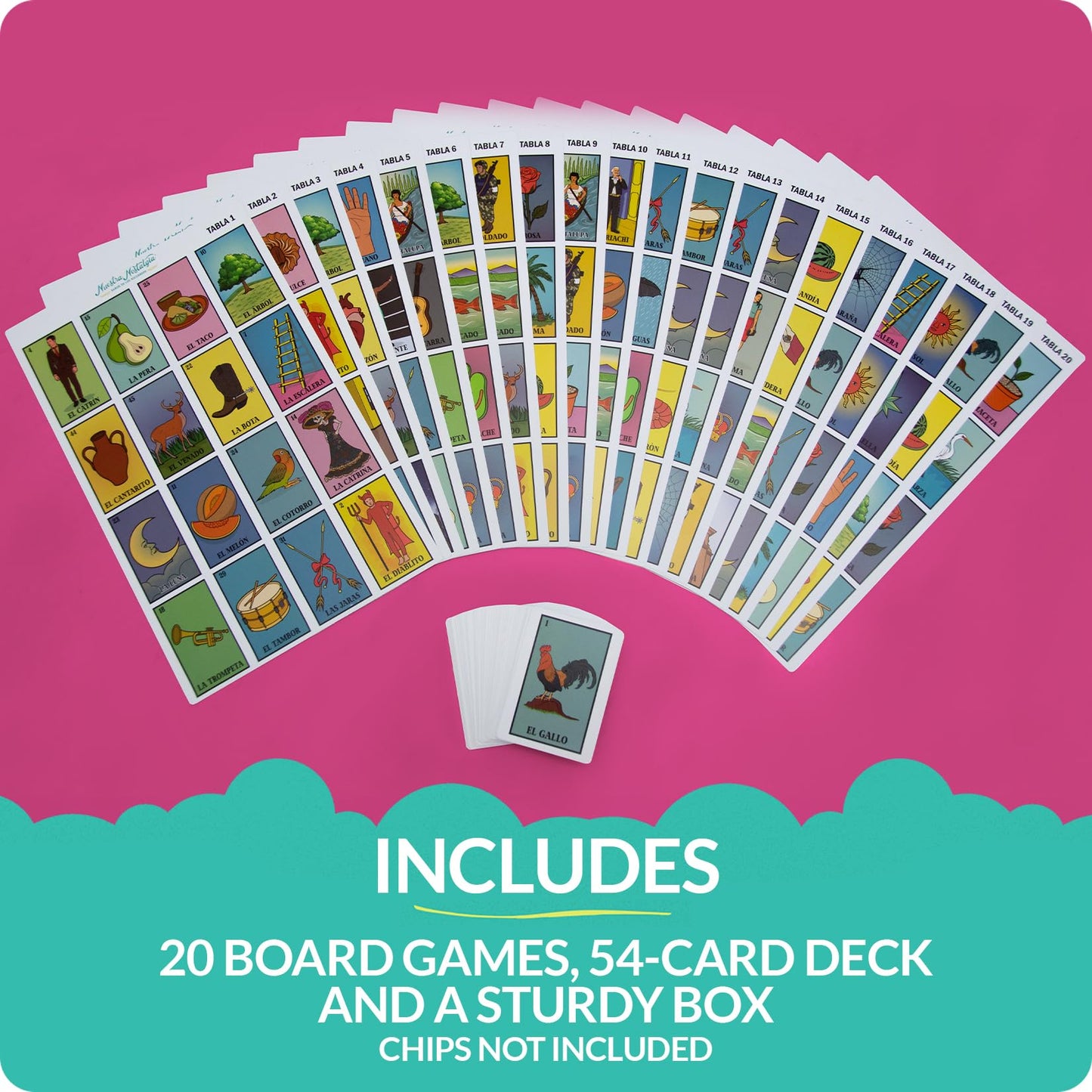 Waterproof Lotería Set by Nuestra Nostalgia – 20 Boards (12x8) + Shuffle Deck