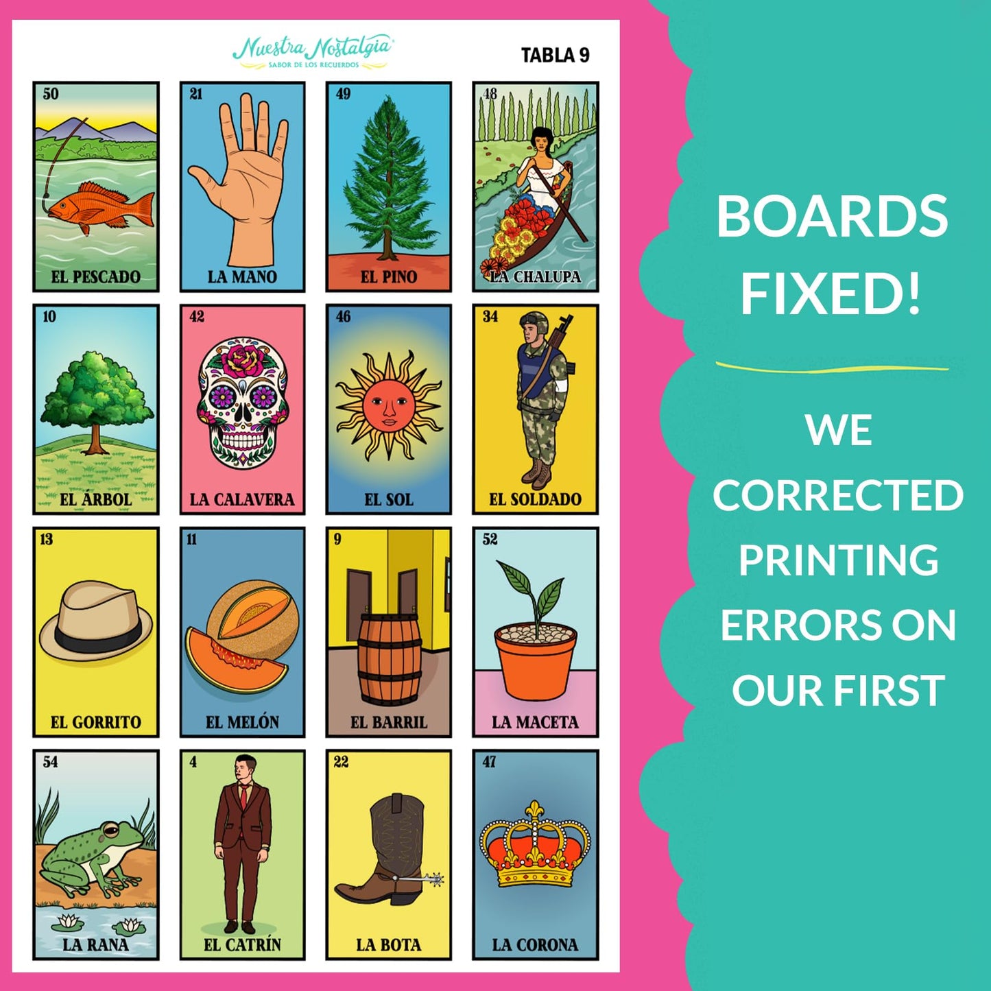 Waterproof Lotería Set by Nuestra Nostalgia – 20 Boards (12x8) + Shuffle Deck