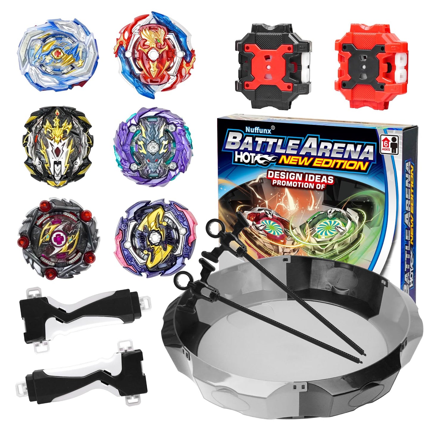 Nuffunx Bay Blade 17.8 Inch Large Stadium with 6 Burst Tops Launcher – Ages 5-12
