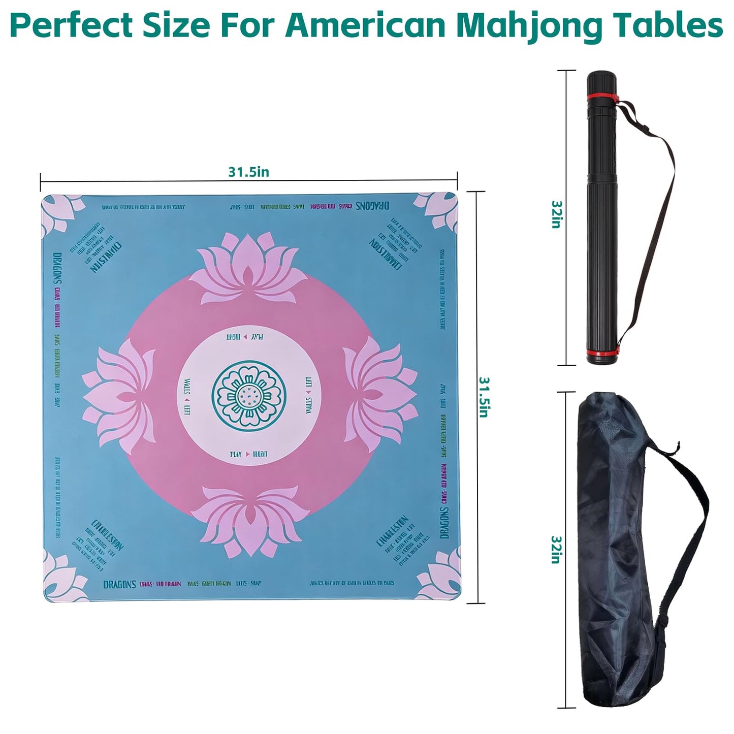 Nugnurt Pink Mahjong Mat 31.5" x 31.5" – Waterproof Surface, Non-Slip Backing