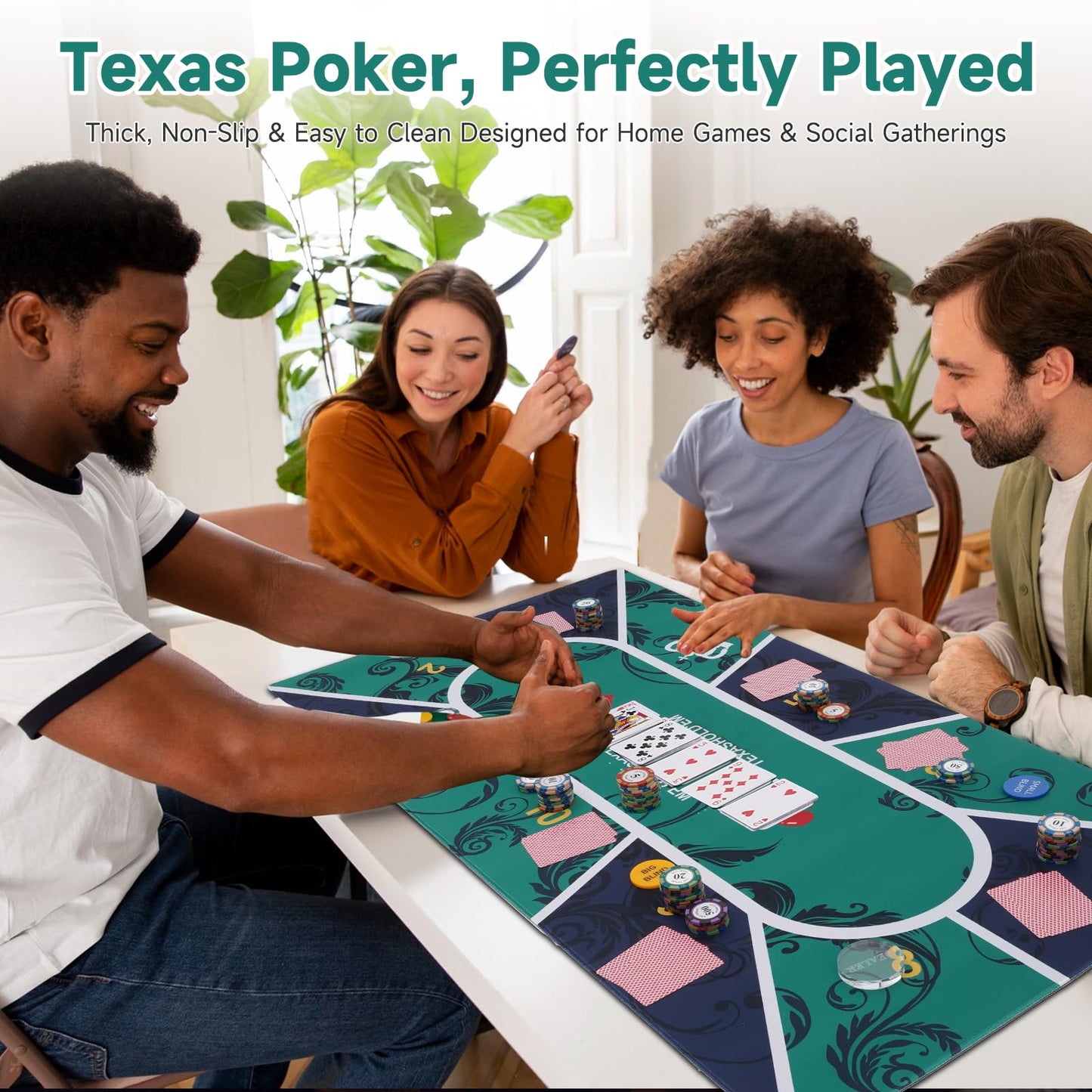 Nugnurt 10-Player Poker Mat – 47x24 Inch Texas Hold’em Table Topper, Non-Slip & Waterproof