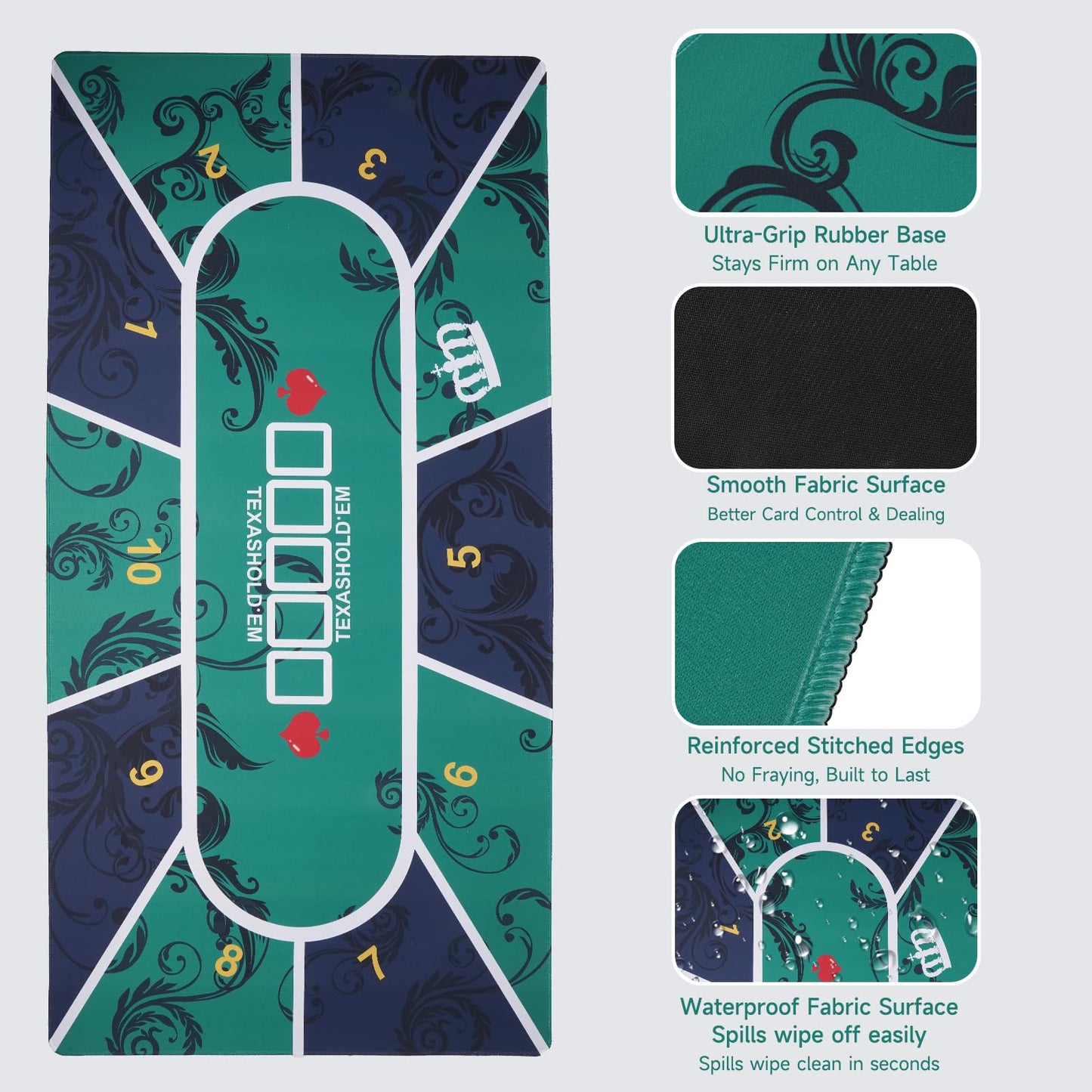 Nugnurt 10-Player Poker Mat – 47x24 Inch Texas Hold’em Table Topper, Non-Slip & Waterproof