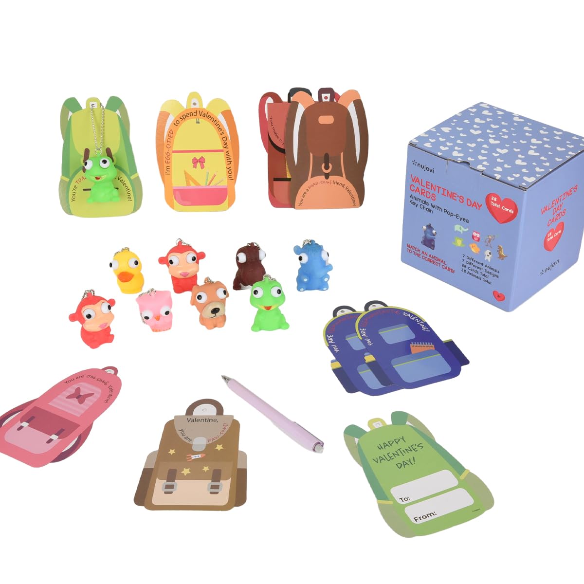 NUJOVI 28-Piece Valentine Cards with Pop-Eye Keychains for Kids