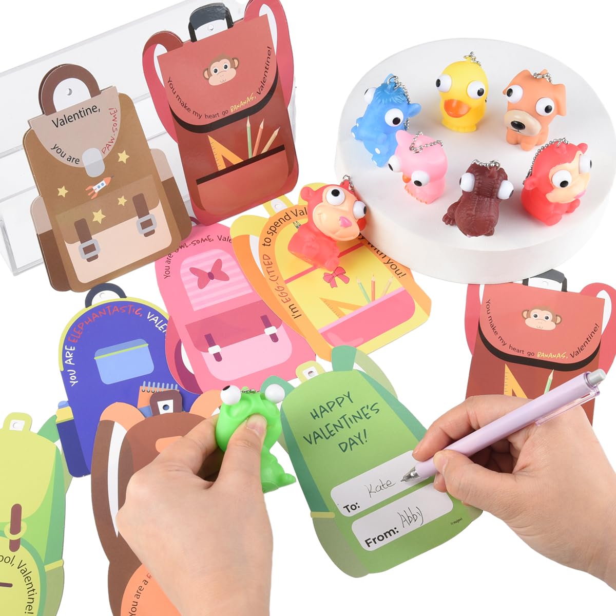 NUJOVI 28-Piece Valentine Cards with Pop-Eye Keychains for Kids