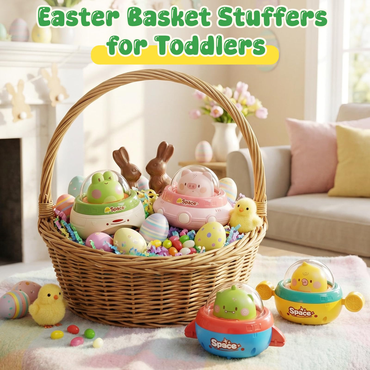NUMBERFUN Easter Push Cars – 4-Pack Toddler Toys for 0-3 Years, Press & Go No Battery