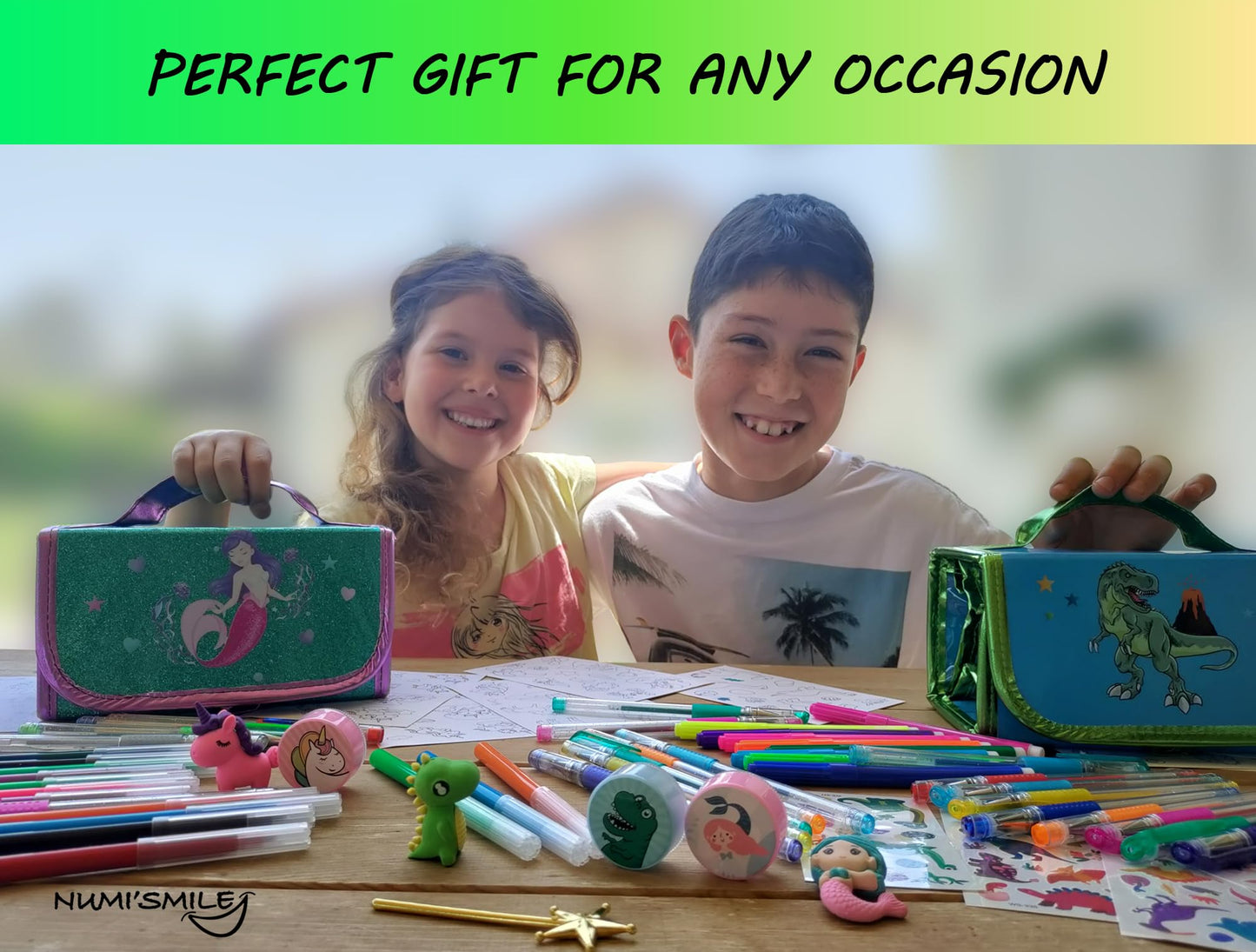 NUMI'SMILE Dinosaur Pencil Case with Fruit Scented Markers – Dino Art Kit for Kids
