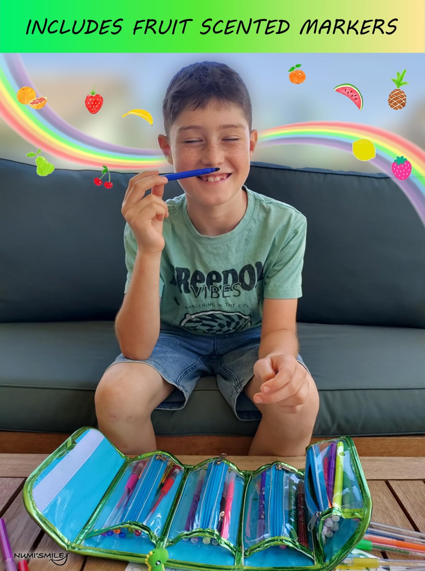 NUMI'SMILE Dinosaur Pencil Case with Fruit Scented Markers – Dino Art Kit for Kids
