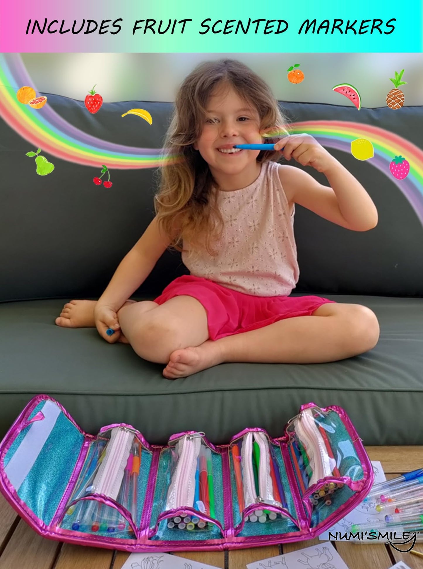 NUMI'SMILE Mermaid Pencil Case With Fruit Scented Markers – Art Set for Girls Aged 3-10