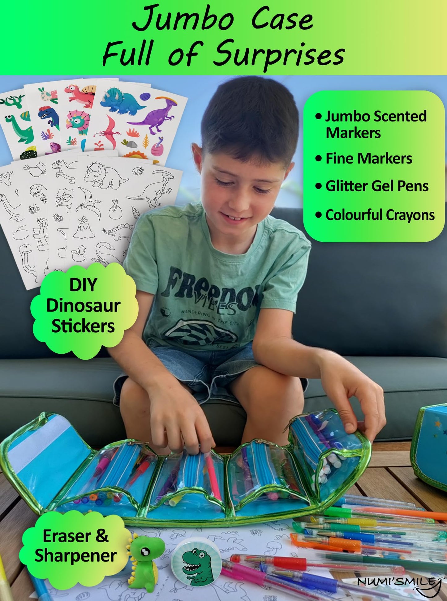 NUMI'SMILE Dinosaur Pencil Case with Fruit Scented Markers – Dino Art Kit for Kids