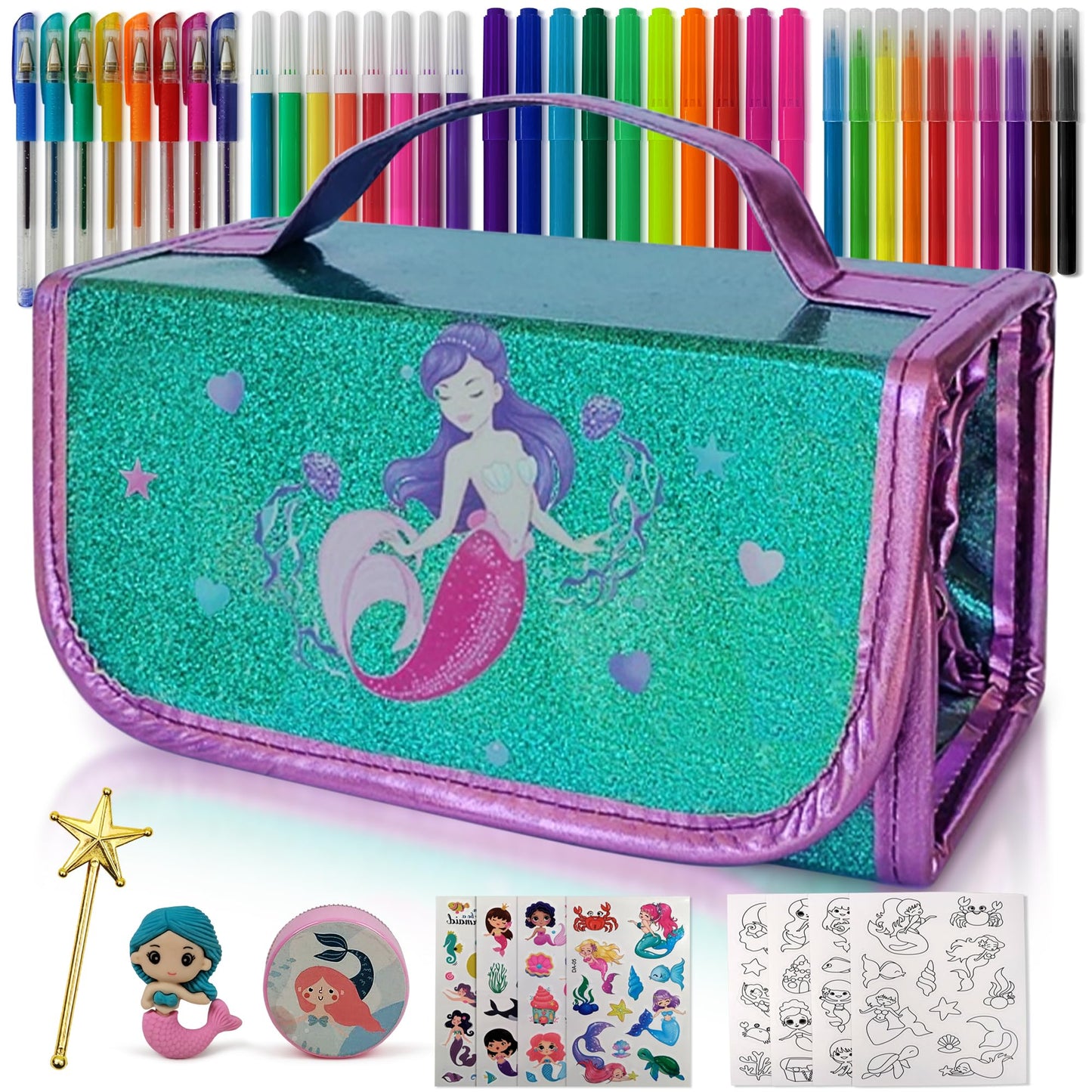 NUMI'SMILE Mermaid Pencil Case With Fruit Scented Markers – Art Set for Girls Aged 3-10