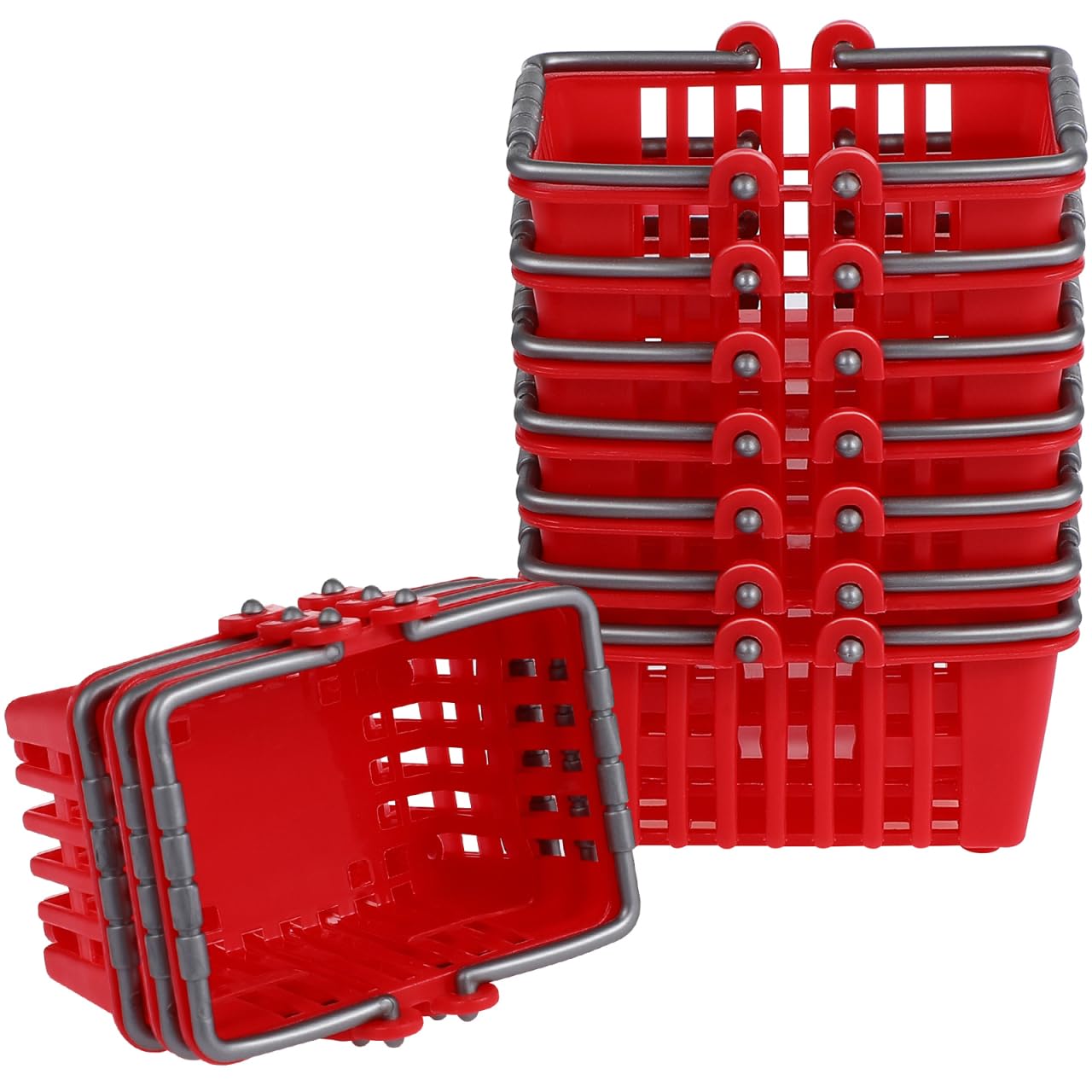 NUOBESTY 10-Piece Mini Shopping Baskets for Dollhouse - Red Plastic Carts with Handles