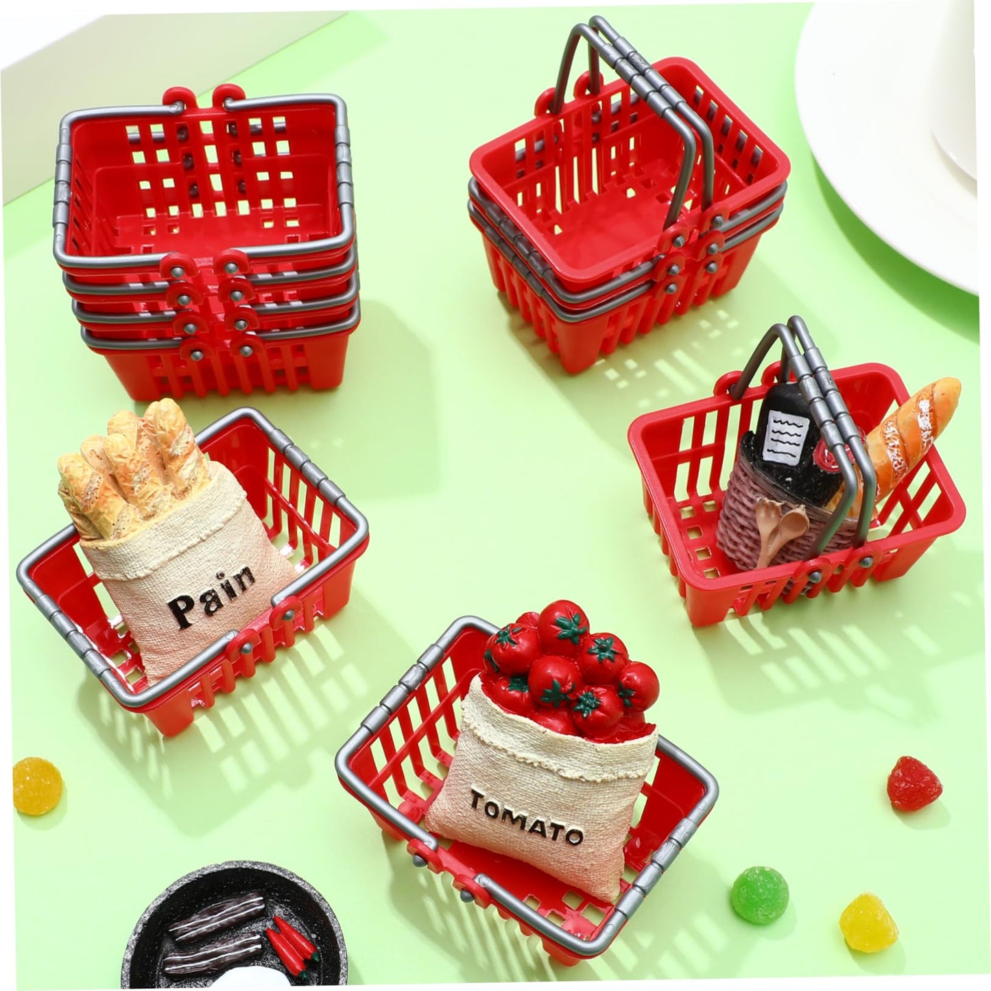 NUOBESTY 10-Piece Mini Shopping Baskets for Dollhouse - Red Plastic Carts with Handles