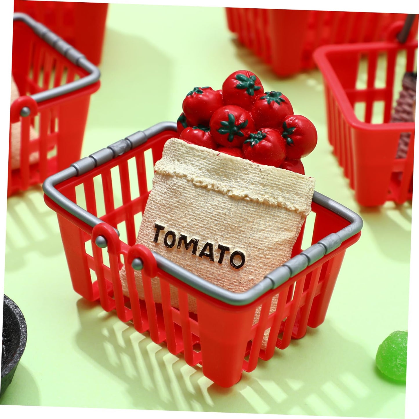 NUOBESTY 10-Piece Mini Shopping Baskets for Dollhouse - Red Plastic Carts with Handles