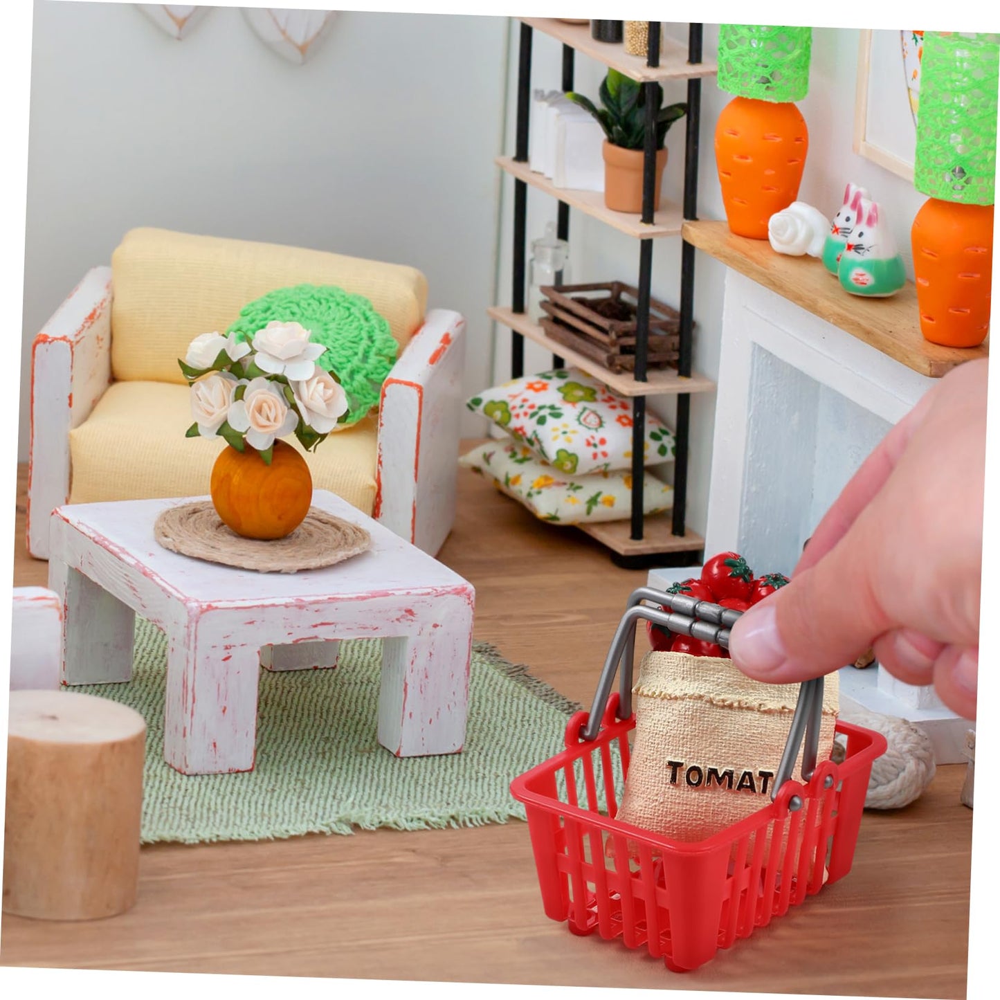 NUOBESTY 10-Piece Mini Shopping Baskets for Dollhouse - Red Plastic Carts with Handles