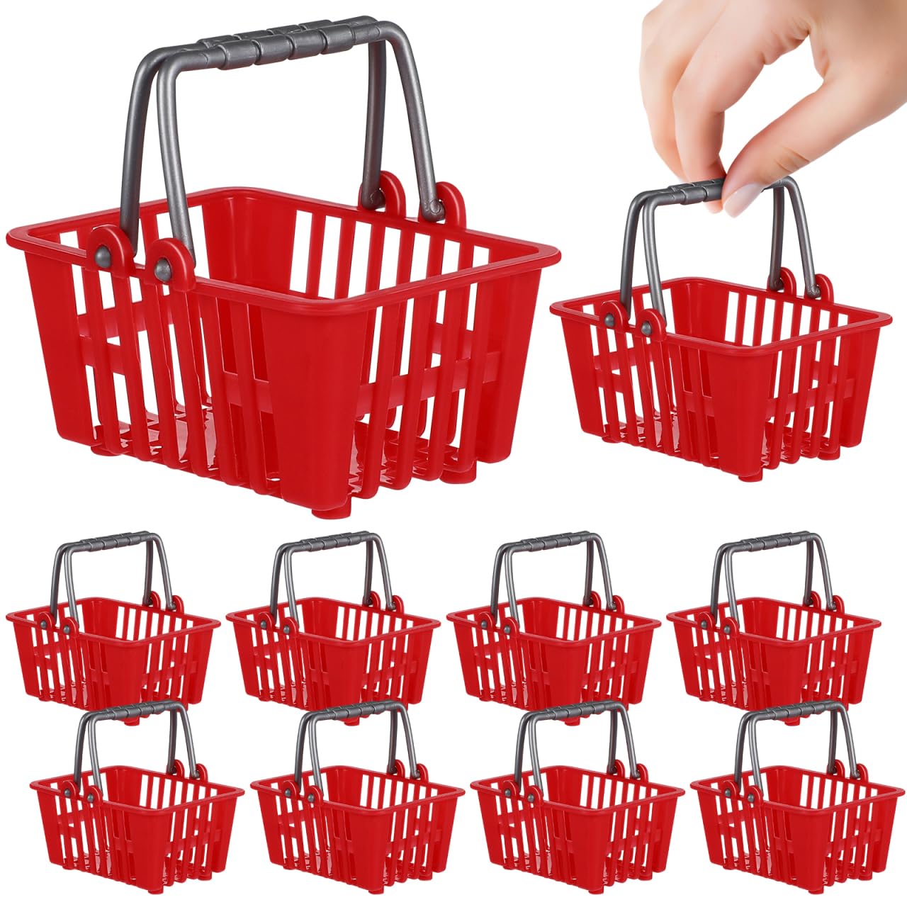 NUOBESTY 10-Piece Mini Shopping Baskets for Dollhouse - Red Plastic Carts with Handles