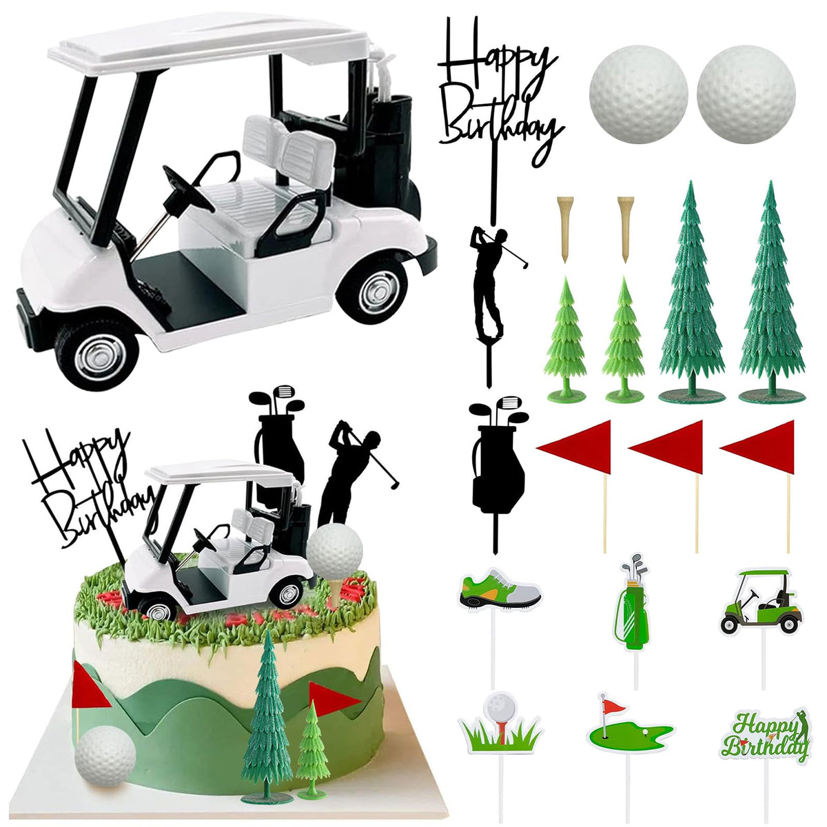 Nuotuv Golf Cake Decorations – Mini Cart, Clubs, Balls, Flags & Trees for Golf Theme Parties