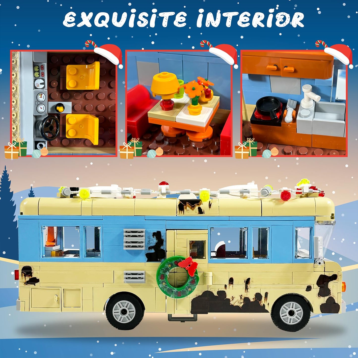 Nutain Snow Village & RV Building Set with LED Lights – 1726 PCS, 2-in-1 Christmas House & RV Gift