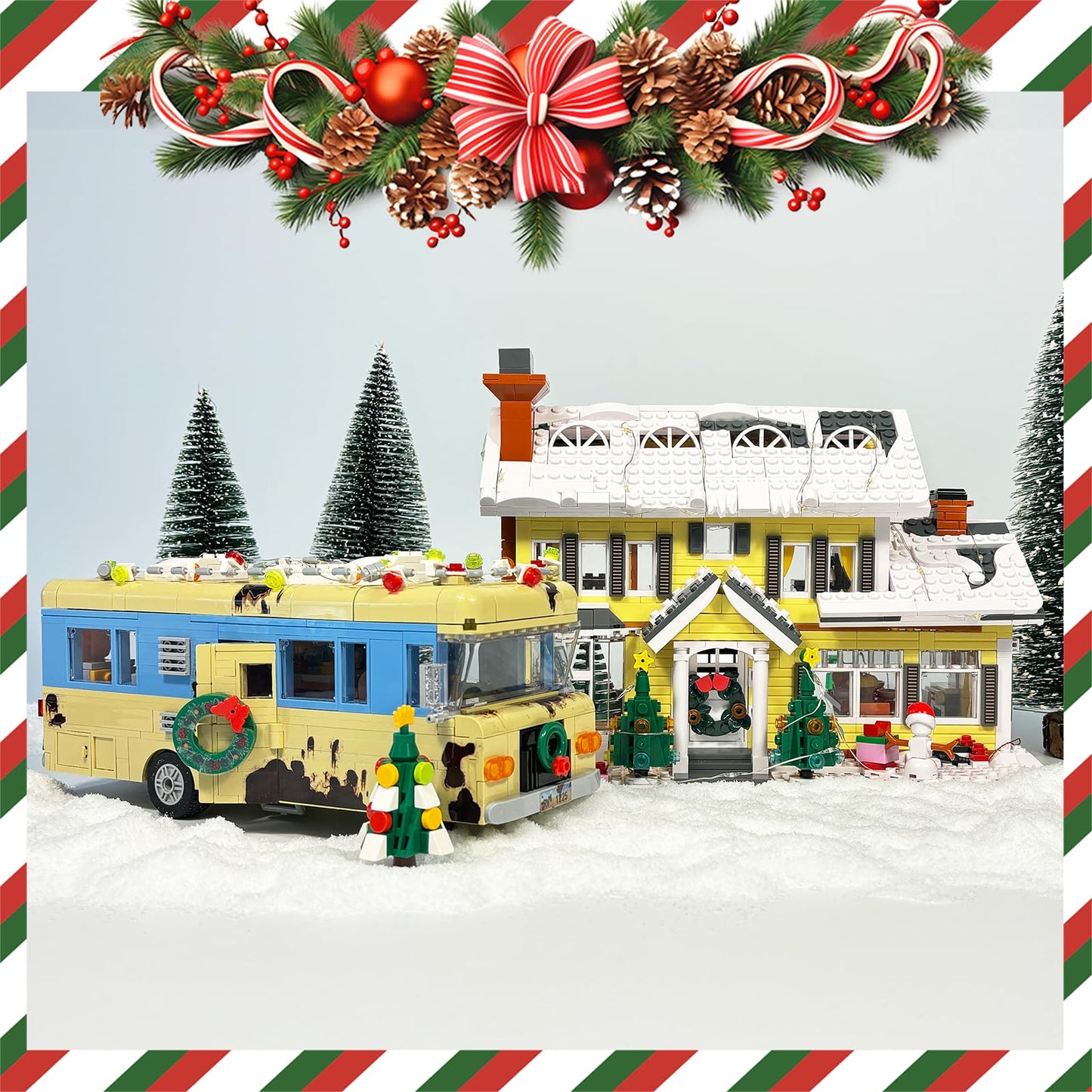Nutain Snow Village & RV Building Set with LED Lights – 1726 PCS, 2-in-1 Christmas House & RV Gift