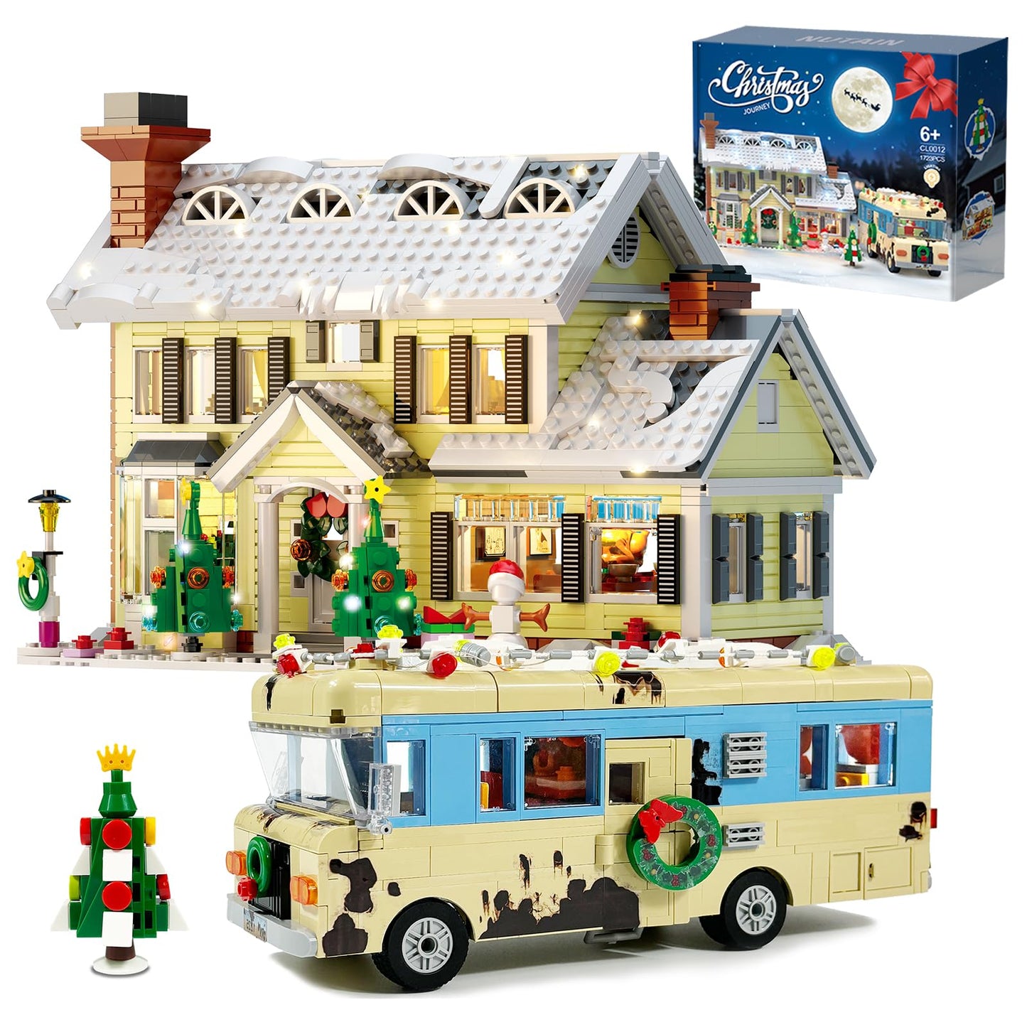 Nutain Snow Village & RV Building Set with LED Lights – 1726 PCS, 2-in-1 Christmas House & RV Gift