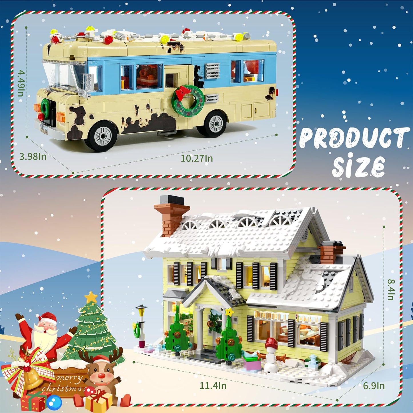 Nutain Snow Village & RV Building Set with LED Lights – 1726 PCS, 2-in-1 Christmas House & RV Gift