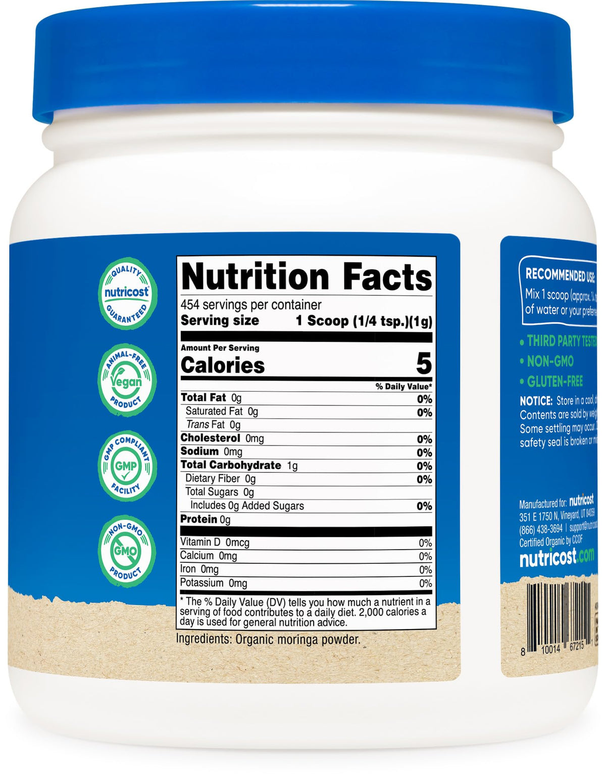 Nutricost Organic Moringa Powder 1LB (16oz) – Gluten Free, Non-GMO, Vegetarian Friendly