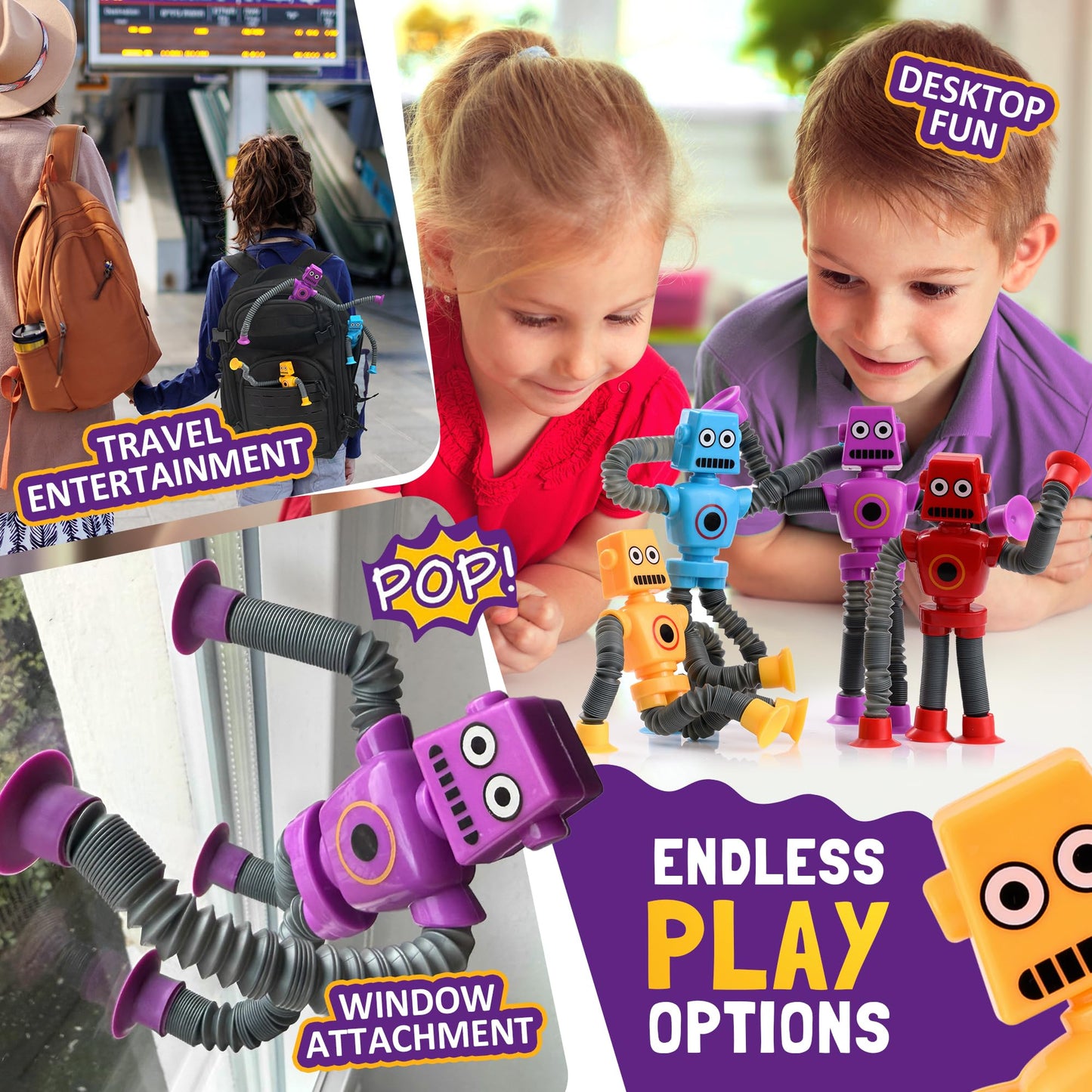 Nutty Toys Sensory Robot 4pk - Pop Tube Fidgets for ADHD & Autism (Ages 3-12)