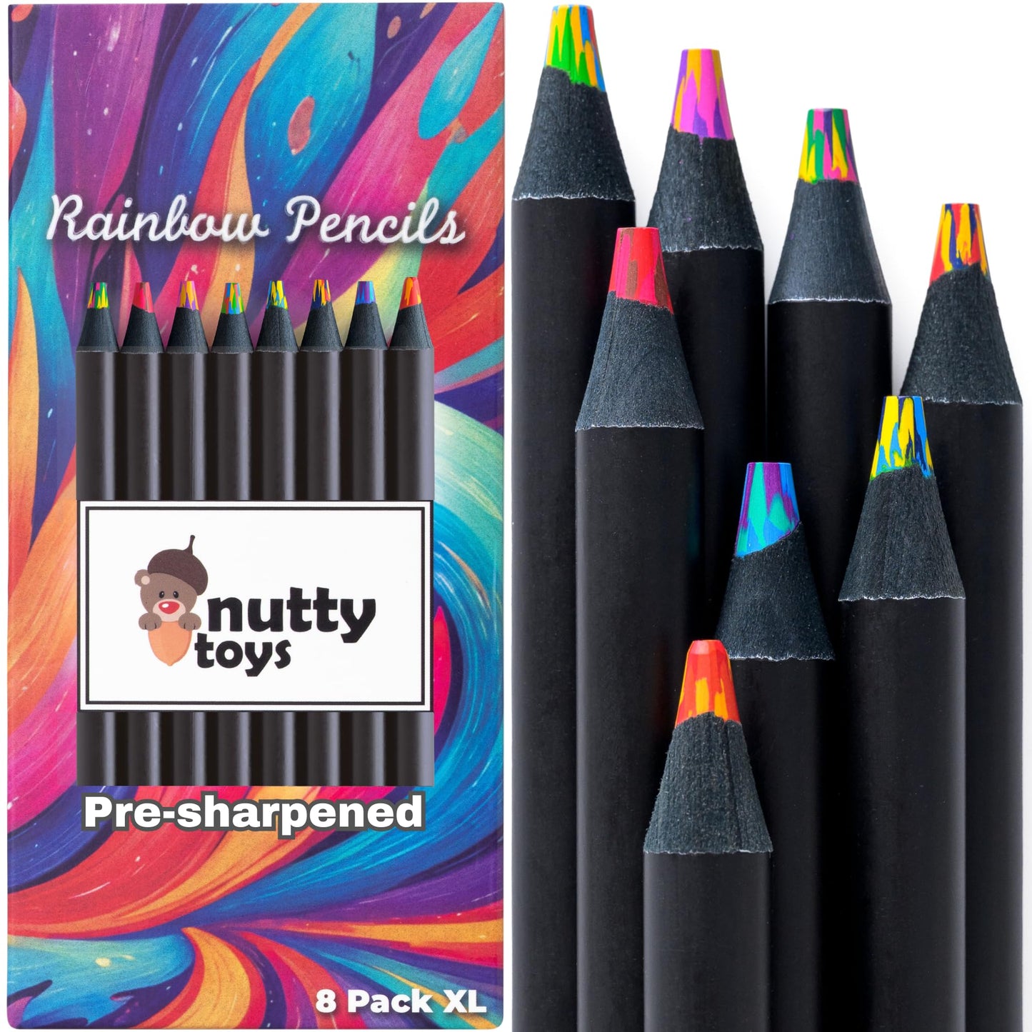 Nutty Toys Jumbo Rainbow Pencils – 8 XL Pre-Sharpened Multicolor Pencils for Kids & Adults