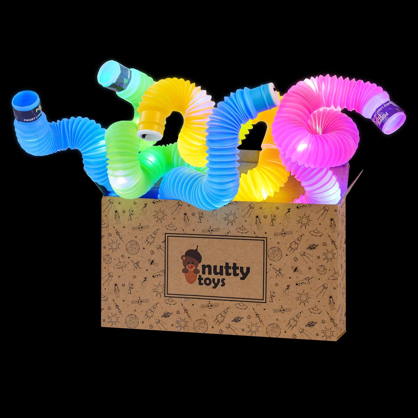 Nutty Toys Light Up Pop Tubes – Sensory Fidget Toys for Kids & Fine Motor Skills