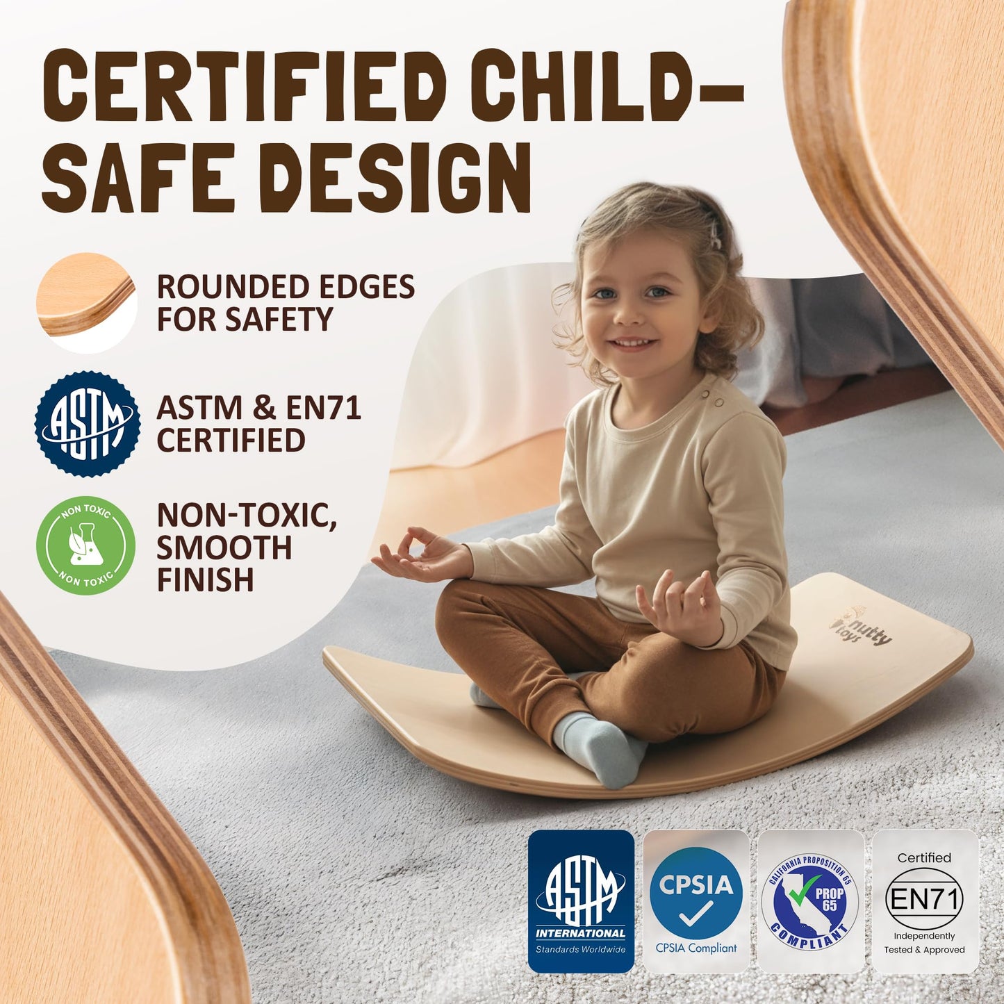 Nutty Toys Montessori Wooden Wobble Board – Natural Wood Balance Toy for Kids & Adults