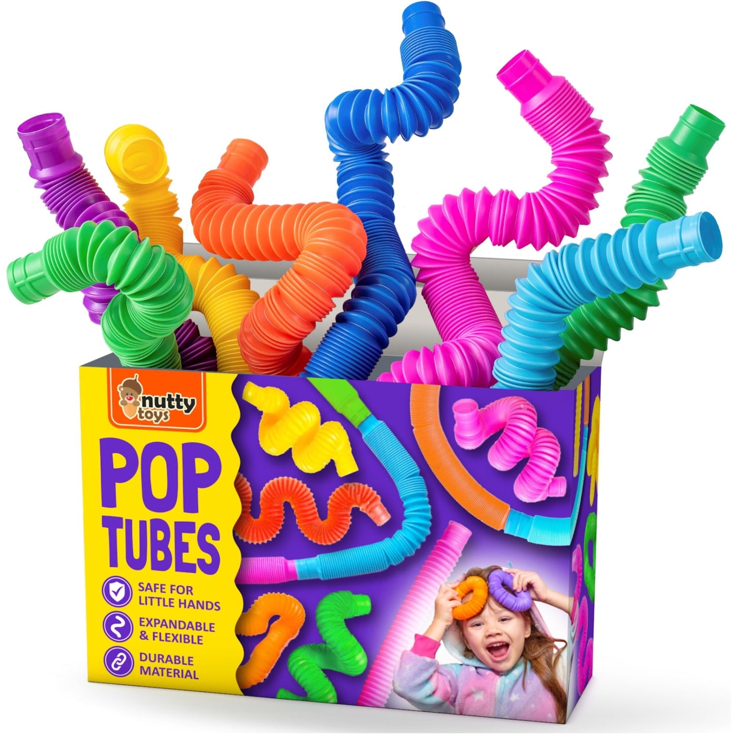 Nutty Toys Pop Tubes - Large 4-Pack | Sensory STEM Toys for Kids & Toddlers | Fidget & Learning Tool