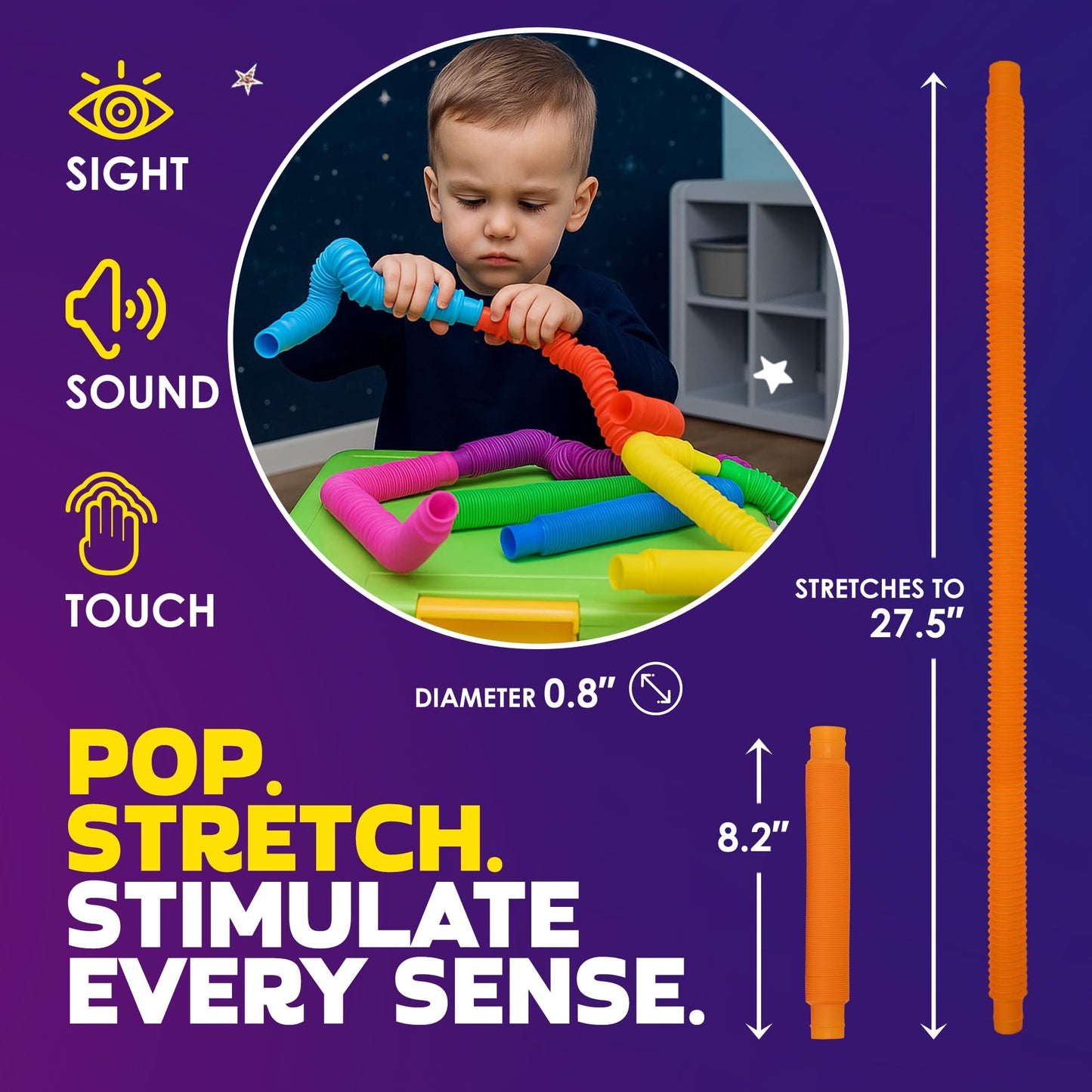 Nutty Toys Pop Tubes - Large 4-Pack | Sensory STEM Toys for Kids & Toddlers | Fidget & Learning Tool