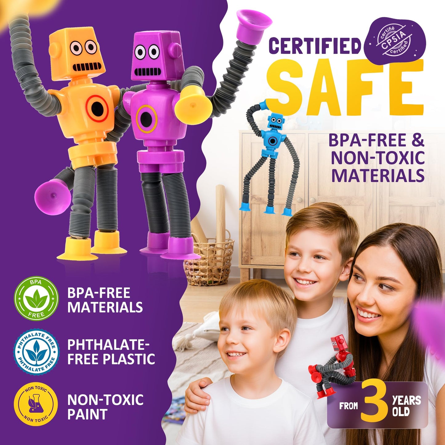 Nutty Toys Sensory Robot 4pk - Pop Tube Fidgets for ADHD & Autism (Ages 3-12)