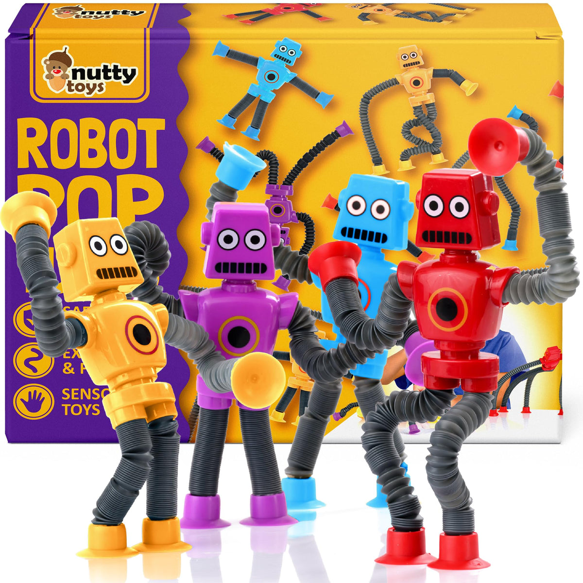 Nutty Toys Sensory Robot 4pk - Pop Tube Fidgets for ADHD & Autism (Ages 3-12)