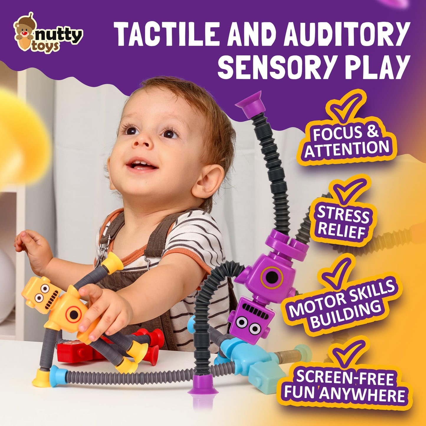 Nutty Toys Sensory Robot 4pk - Pop Tube Fidgets for ADHD & Autism (Ages 3-12)