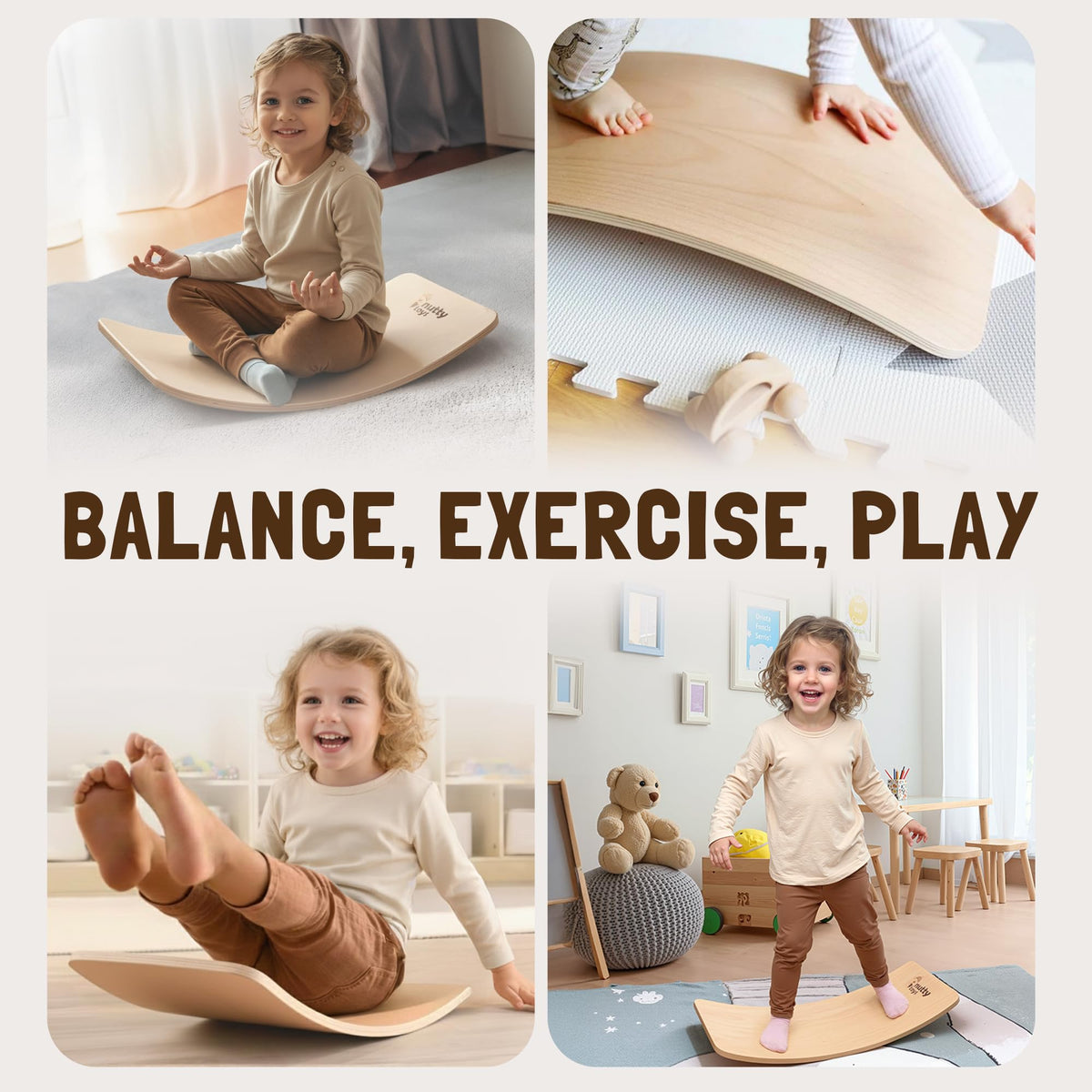 Nutty Toys Montessori Wooden Wobble Board – Natural Wood Balance Toy for Kids & Adults