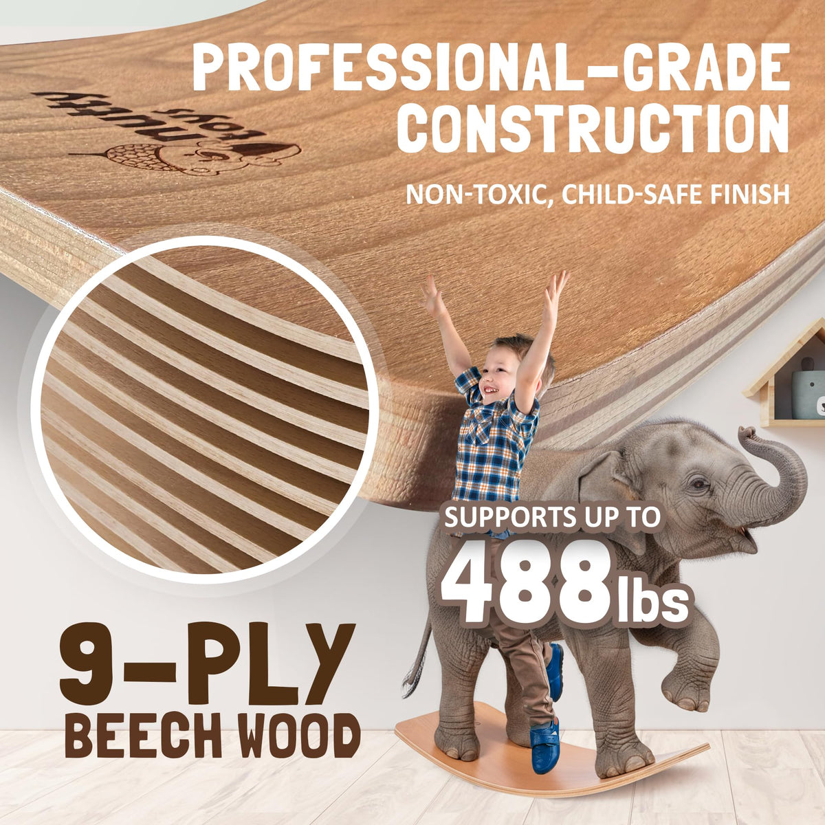 Nutty Toys Montessori Wooden Wobble Board – Natural Wood Balance Toy for Kids & Adults