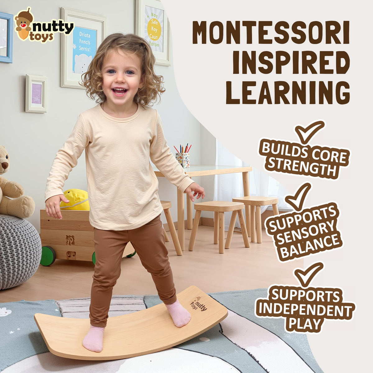 Nutty Toys Montessori Wooden Wobble Board – Natural Wood Balance Toy for Kids & Adults
