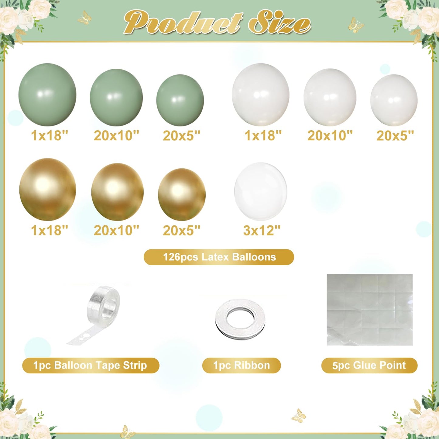 NUTTYBASH Sage Green Balloon Arch Kit – 126 Pcs (Green, White & Gold)