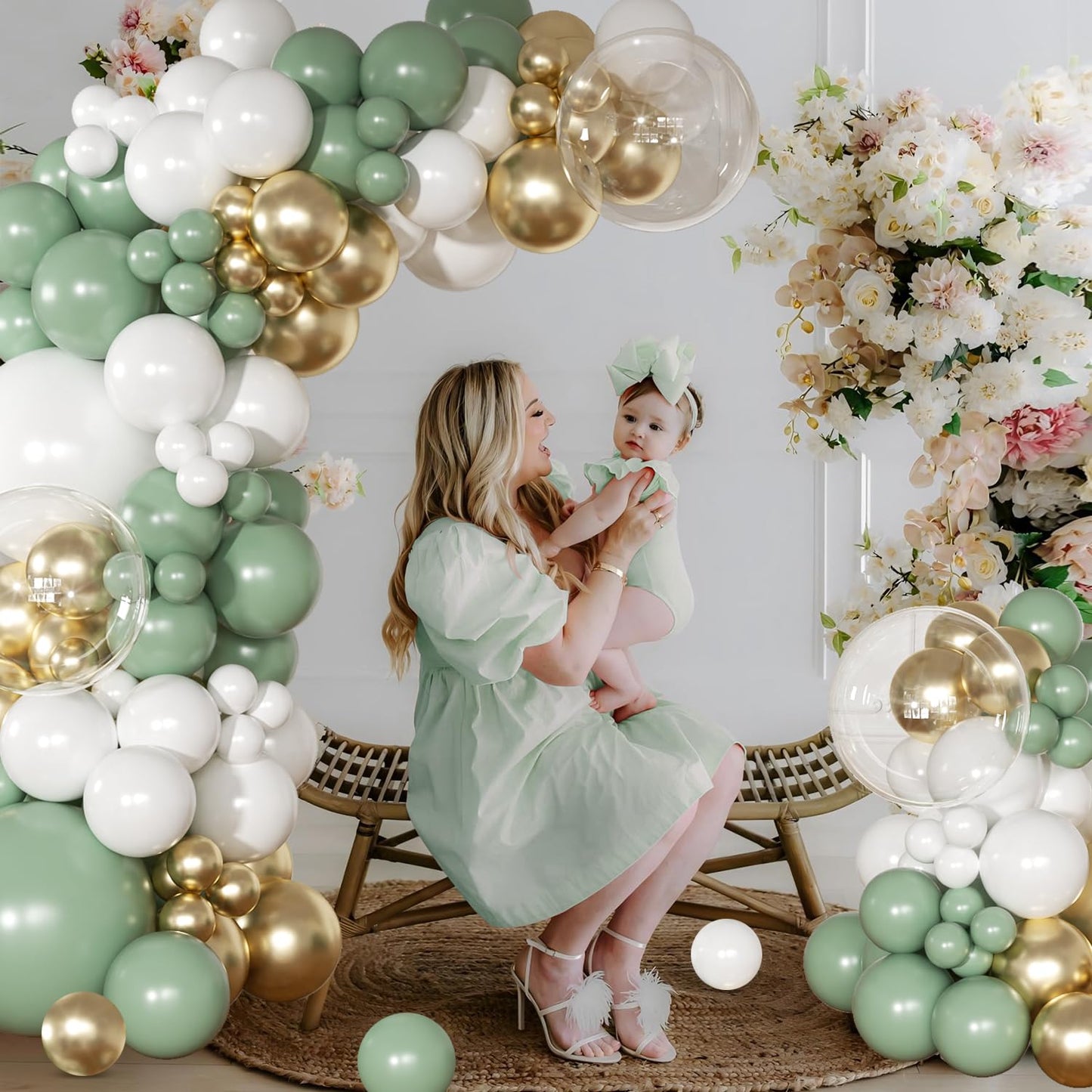 NUTTYBASH Sage Green Balloon Arch Kit – 126 Pcs (Green, White & Gold)