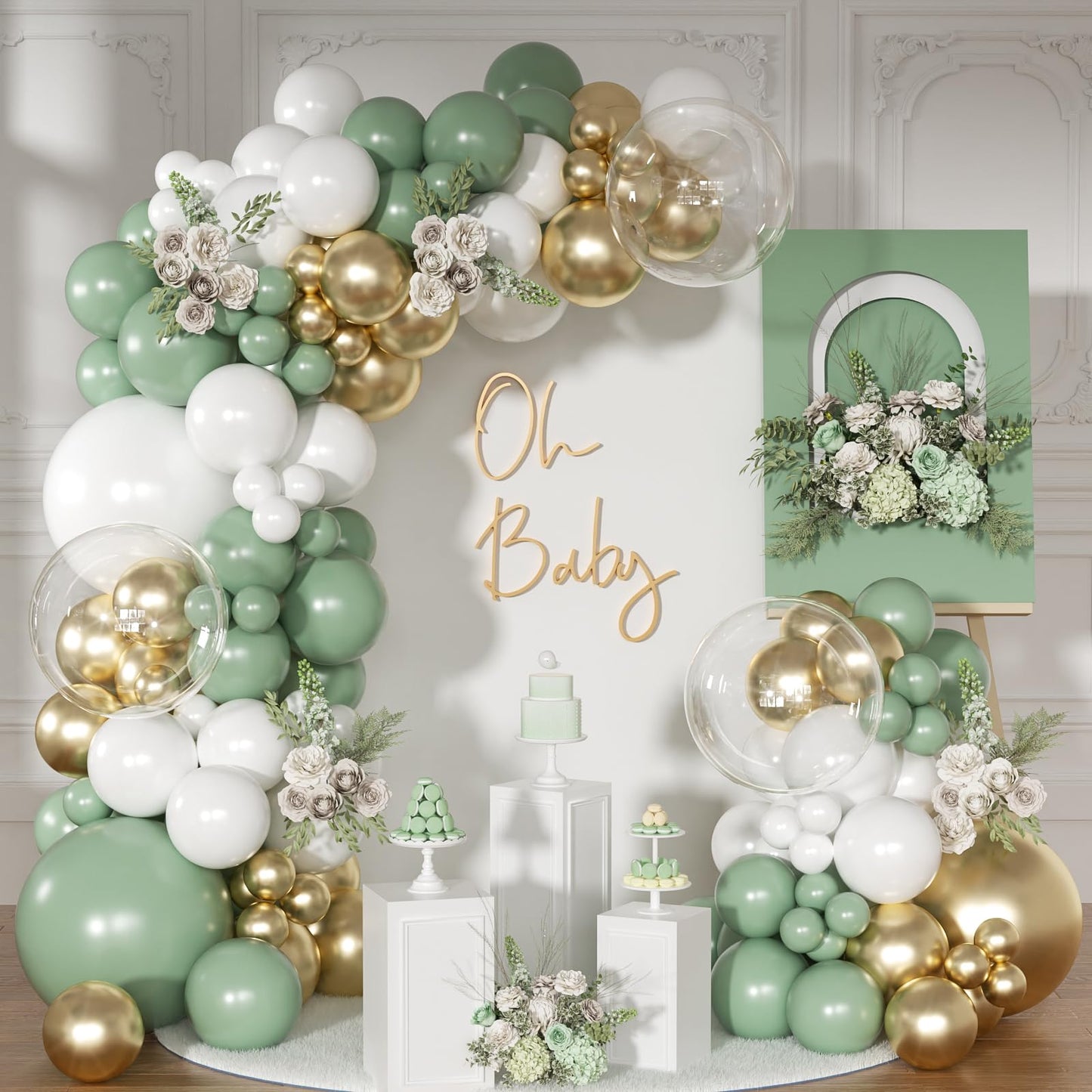NUTTYBASH Sage Green Balloon Arch Kit – 126 Pcs (Green, White & Gold)