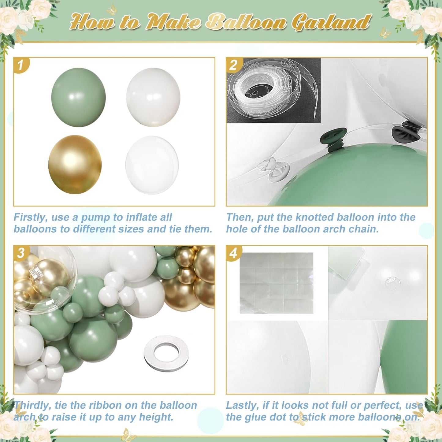 NUTTYBASH Sage Green Balloon Arch Kit – 126 Pcs (Green, White & Gold)