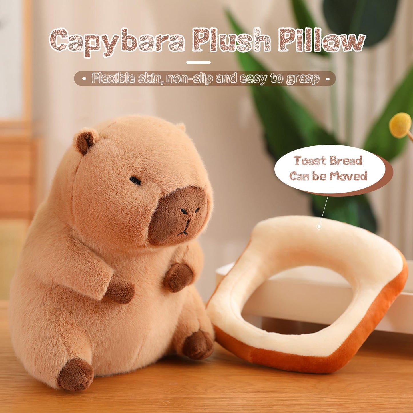 NXNYNZ 12-Inch Cute Capybara Plush Pillow – Soft Capybara Stuffed Toy, Removable Bread Accessory, Gift for Kids & Adults