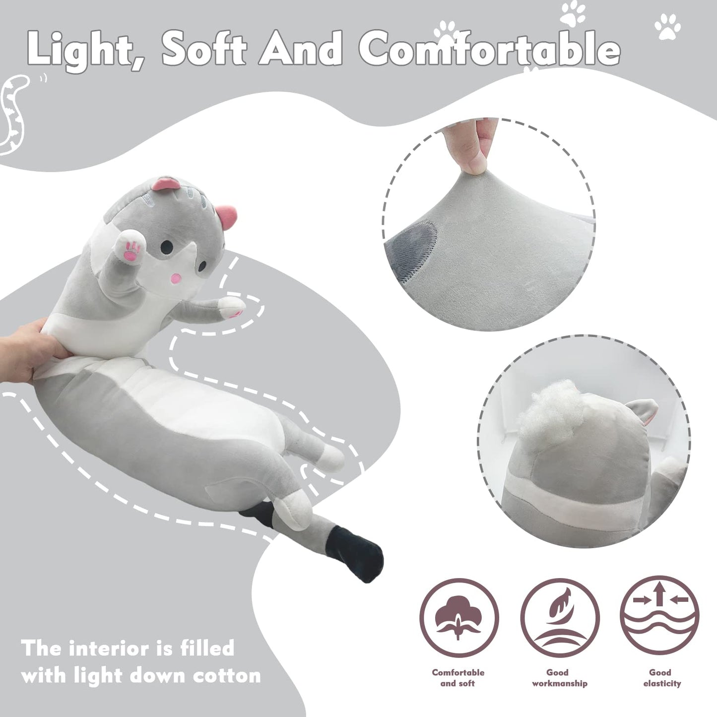 NXNYNZ Long Cat Plush Pillow 43.3in - Grey Cute Cat Body Pillow
